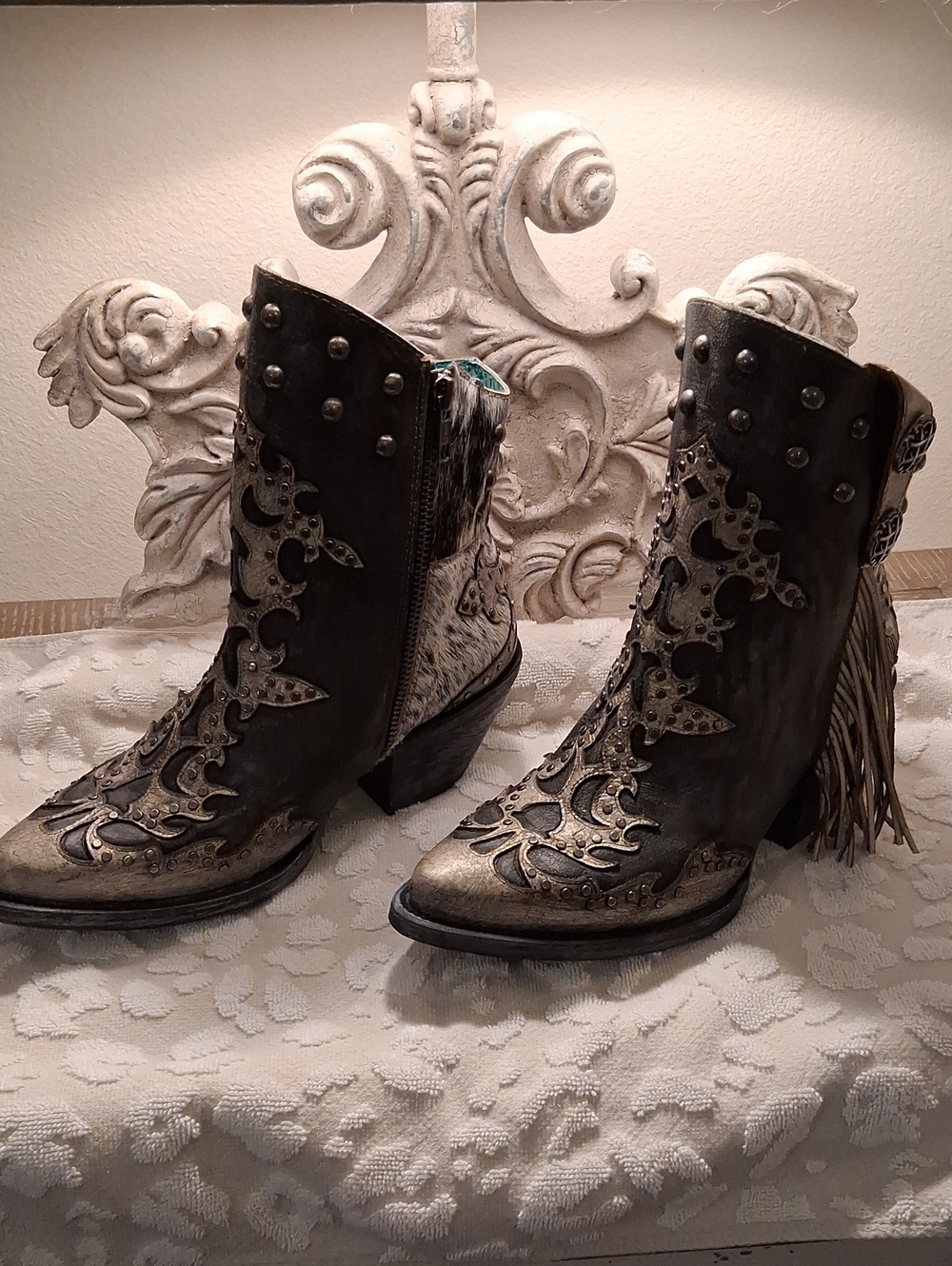 Corral Black and Pewter Leather Studded Western Fringe Ankle Boots With Cowhide